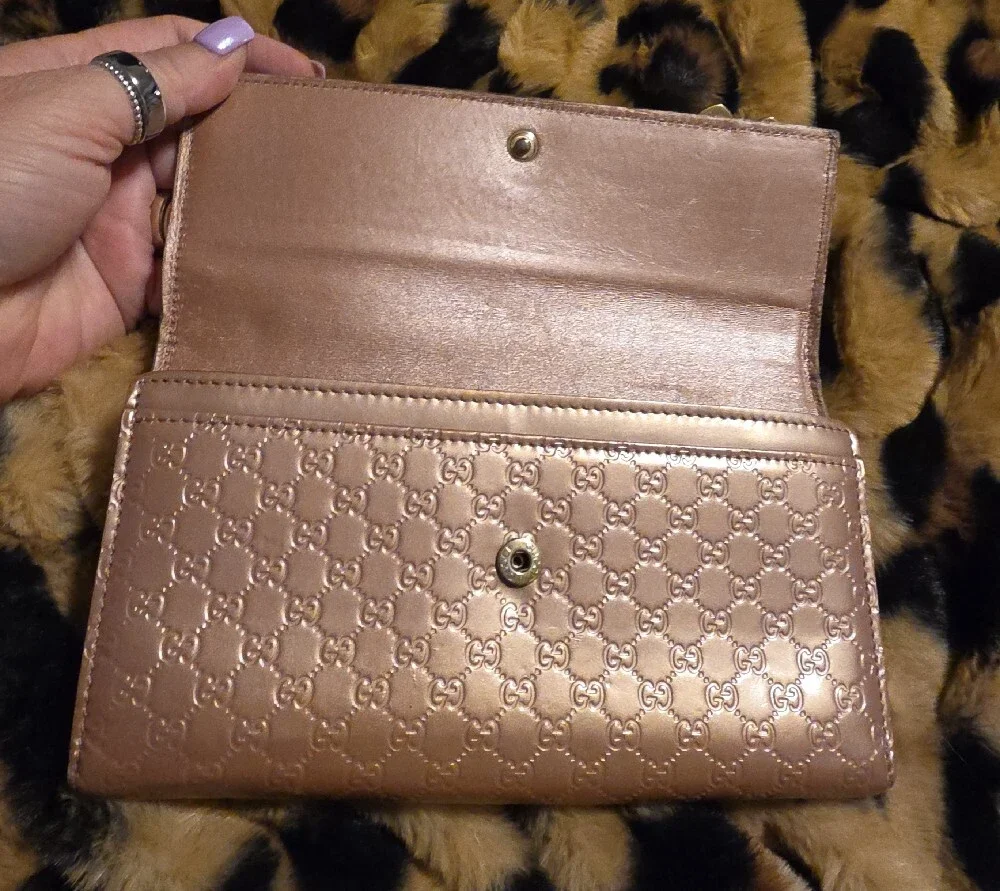 Gucci Metallic Rose Pink GG Continental Wallet with Heart Zipper Pulls